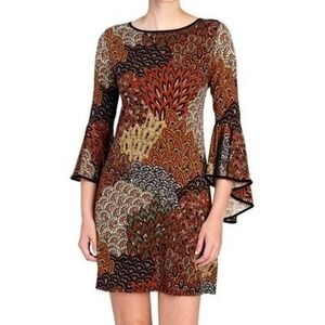 MSK Multicolor Neutrals Paisley Boho Long Bell Sleeve Mini Dress Size Medium